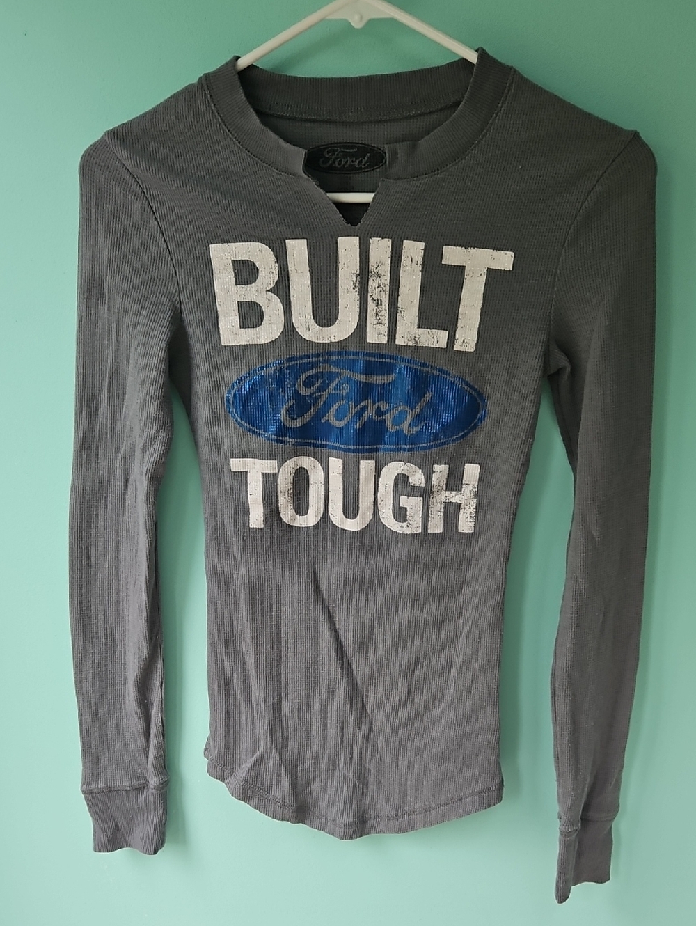 Ford Gray Long Sleeve 'Built Tough' Ribbed Tee with Blue Logo